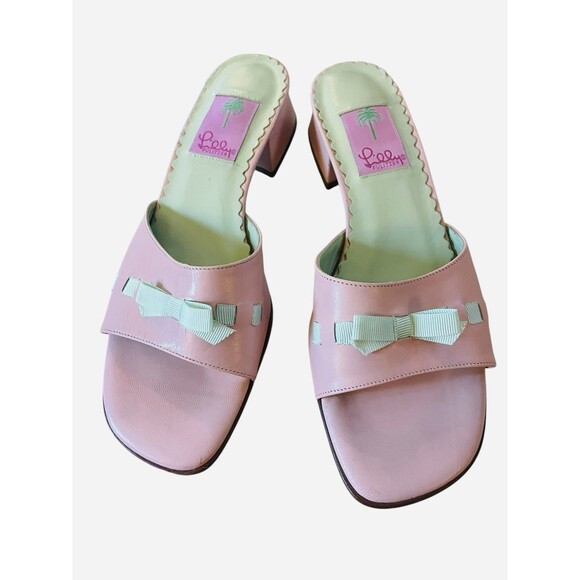 Lilly Pulitzer Slide Sandals Size 8.5 Pink With Green Bows Low Heels - Picture 2 of 9